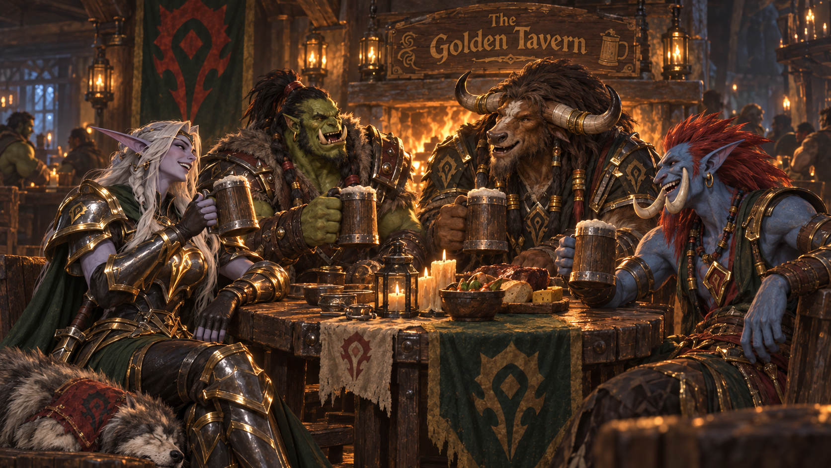 Adventurers sharing a drink at The Golden Tavern