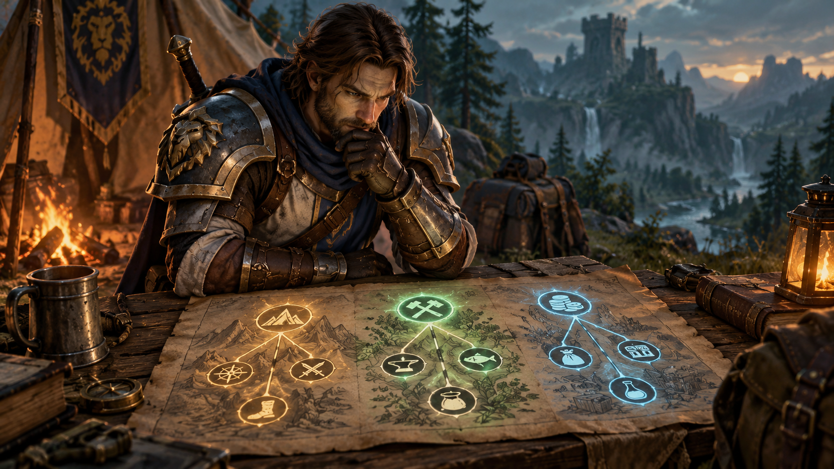 An armored adventurer studies three glowing progression paths on a parchment map at a wilderness camp.